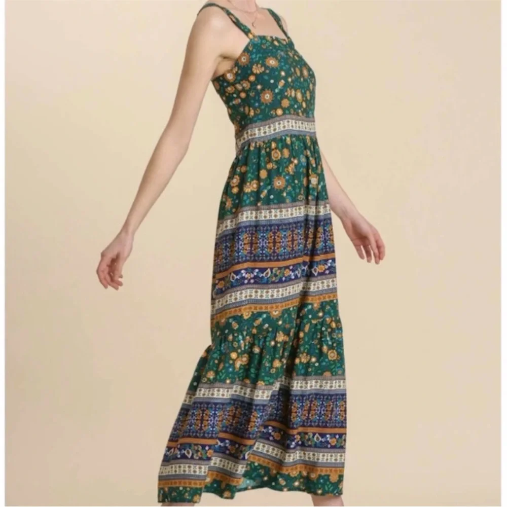 NWT Umgee Green and Blue Patterned Maxi Dress - Picture 2 of 11